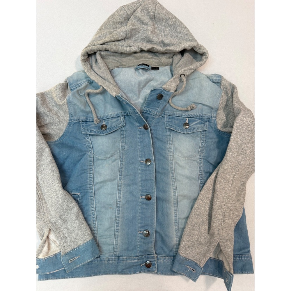 Esmara Womens Blue Denim Jacket Grey Jersey Knit Hooded Sleeves IAN 342750_2004